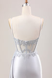 Silver Mermaid Pleated Sheer Long Corset Satin Prom Dress With Slit