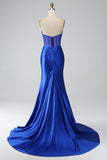 Royal Blue Mermaid Strapless Corset Long Prom Dress with Slit