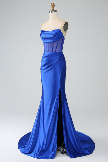 Royal Blue Mermaid Strapless Corset Long Prom Dress with Slit