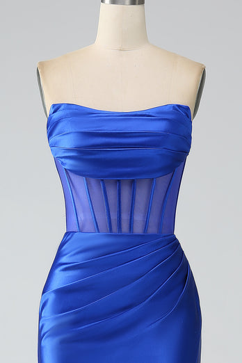 Royal Blue Mermaid Strapless Corset Long Prom Dress with Slit