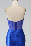 Royal Blue Mermaid Strapless Corset Long Prom Dress with Slit