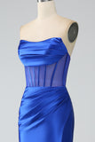 Royal Blue Mermaid Strapless Corset Long Prom Dress with Slit