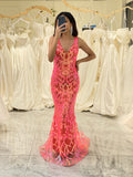 Orange Charming Mermaid Deep V Neck Sparkly Sequin Prom Dress with Embroidery