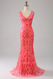 Stunning Mermaid V Neck Coral Sequins Long Prom Dress with Embroidery