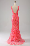 Stunning Mermaid V Neck Coral Sequins Long Prom Dress with Embroidery