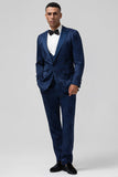 Dark Blue 3 Piece Peak Lapel Jacquard One Button Men's Prom Suits