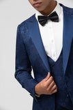 Dark Blue 3 Piece Peak Lapel Jacquard One Button Men's Prom Suits