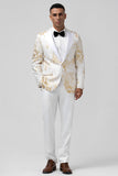 Champagne 2 Piece Peak Lapel One Button Jacquard Men's Prom Suits