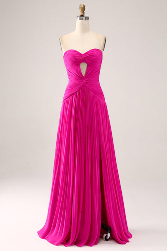 Fuchsia A Line Sweetheart Pleated Keyhole Long Prom Dress With Slit