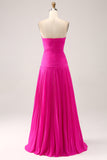 Fuchsia A Line Sweetheart Pleated Keyhole Long Prom Dress With Slit