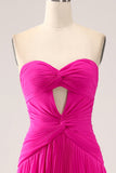 Fuchsia A Line Sweetheart Pleated Keyhole Long Prom Dress With Slit