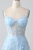 Load image into Gallery viewer, Sparkly Blue A Line Spaghetti Straps Sequin Corset Prom Dress With Slit