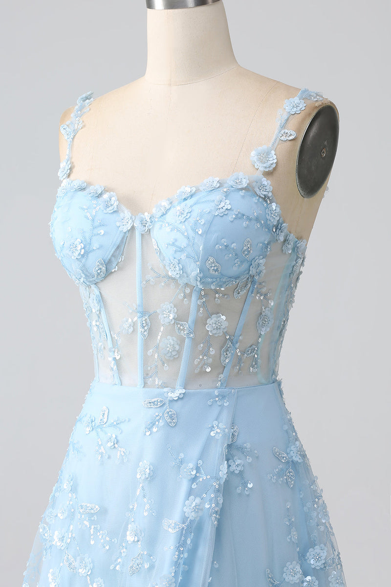 Load image into Gallery viewer, Sparkly Blue A Line Spaghetti Straps Sequin Corset Prom Dress With Slit