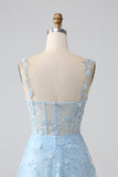 Sparkly Blue A Line Spaghetti Straps Sequin Corset Prom Dress With Slit