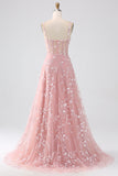 A Line Blush Spaghetti Straps Sequin Corset Prom Dress With Slit