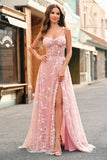 A Line Blush Spaghetti Straps Sequin Corset Prom Dress With Slit