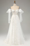 Princess White A-Line Lace Up Tulle Corset Bridal Dress with Appliques Lace