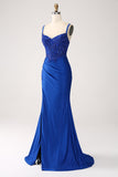 Glitter Royal Blue Mermaid Spaghetti Straps Long Prom Dress with Appliques