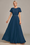 Navy A-Line Beaded Round Neck Pleated Choir Dress with Short Sleeves