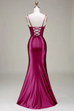 Mermaid Satin Spaghetti Straps Lilac Corset Prom Dress with Slit