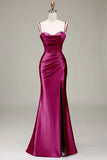 Mermaid Satin Spaghetti Straps Lilac Corset Prom Dress with Slit