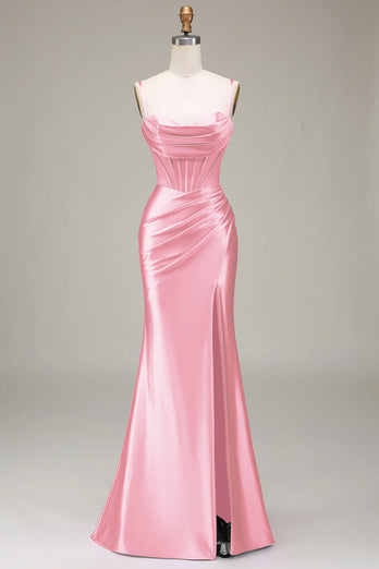 Mermaid Satin Spaghetti Straps Lilac Corset Prom Dress with Slit