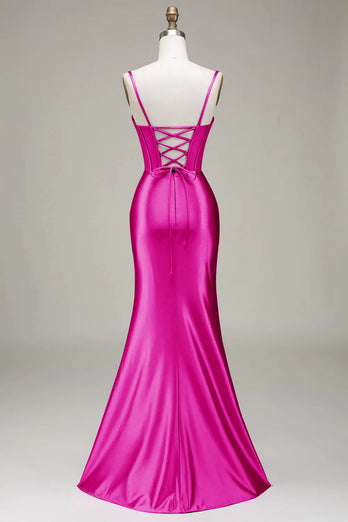 Mermaid Satin Spaghetti Straps Royal Blue Corset Prom Dress with Slit