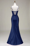 Mermaid Satin Spaghetti Straps Lilac Corset Prom Dress with Slit