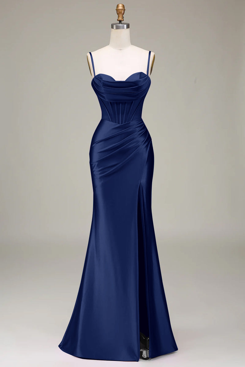 Sparkly Dark Blue Spaghetti Straps Tiered Lace Long Corset Prom Dress  VK23101308 – Vickidress