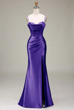 Mermaid Satin Spaghetti Straps Royal Blue Corset Prom Dress with Slit