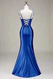 Mermaid Satin Spaghetti Straps Royal Blue Corset Prom Dress with Slit