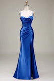 Mermaid Satin Spaghetti Straps Royal Blue Corset Prom Dress with Slit