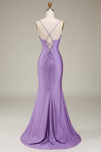 Satin Spaghetti Straps Lilac Corset Prom Dress