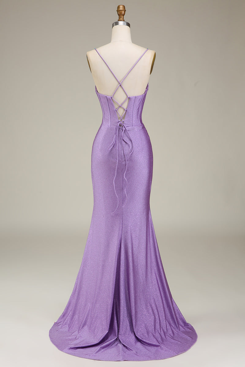 Load image into Gallery viewer, Satin Spaghetti Straps Lilac Corset Prom Dress