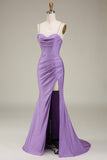 Satin Spaghetti Straps Lilac Corset Prom Dress