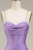 Satin Spaghetti Straps Lilac Corset Prom Dress