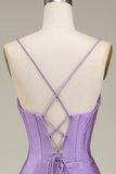 Satin Spaghetti Straps Lilac Corset Prom Dress