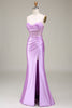 Load image into Gallery viewer, Mermaid Satin Spaghetti Straps Lilac Corset Prom Dress with Slit