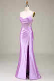 Mermaid Satin Spaghetti Straps Lilac Corset Prom Dress with Slit