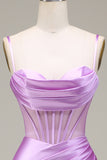 Mermaid Satin Spaghetti Straps Lilac Corset Prom Dress with Slit