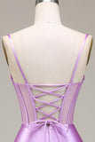 Mermaid Satin Spaghetti Straps Lilac Corset Prom Dress with Slit