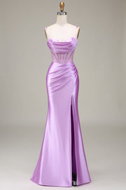 Mermaid Satin Spaghetti Straps Lilac Corset Prom Dress with Slit