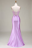 Mermaid Satin Spaghetti Straps Lilac Corset Prom Dress with Slit