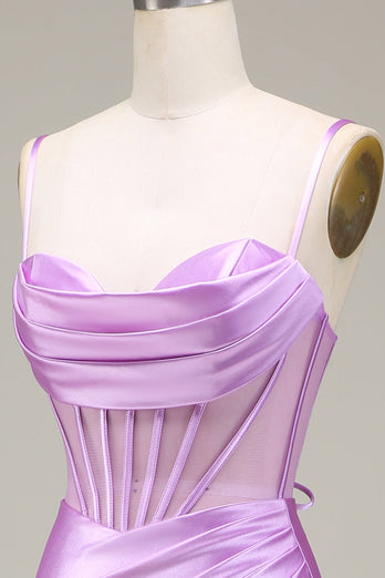 Mermaid Satin Spaghetti Straps Lilac Corset Prom Dress with Slit