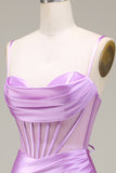 Mermaid Satin Spaghetti Straps Lilac Corset Prom Dress with Slit