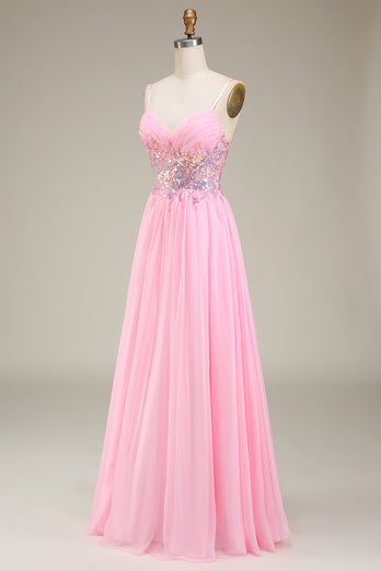 Pink Corset Spaghetti Straps A-line Prom Dress with Pleated