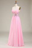 Pink Corset Spaghetti Straps A-line Prom Dress with Pleated