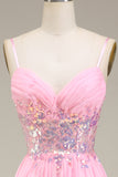 Pink Corset Spaghetti Straps A-line Prom Dress with Pleated