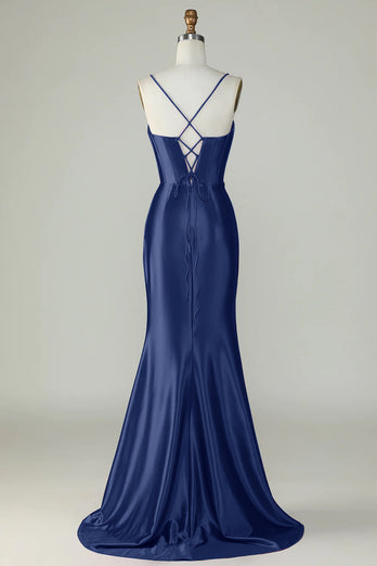 Royal Blue Spaghetti Straps Mermaid Long Prom Dress With Slit