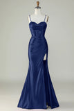 Royal Blue Spaghetti Straps Mermaid Long Prom Dress With Slit